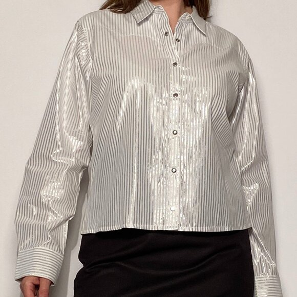 Vintage Y2K WRANGLER Metallic Silver Striped WESTERN Shirt! Large - Picture 14 of 15